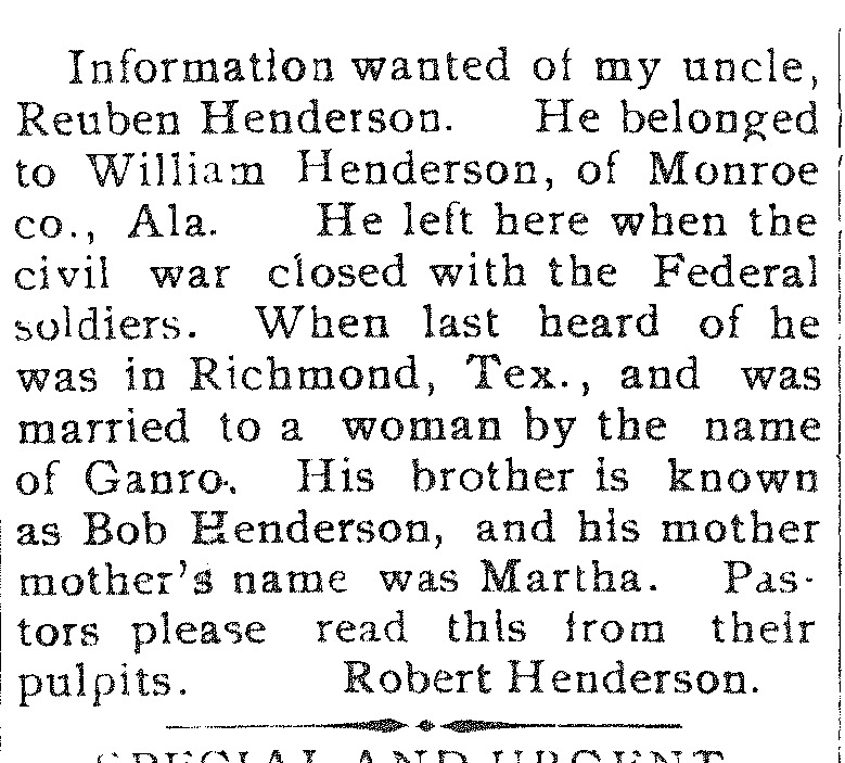 Robert Henderson searching for his uncle Reuben Henderson