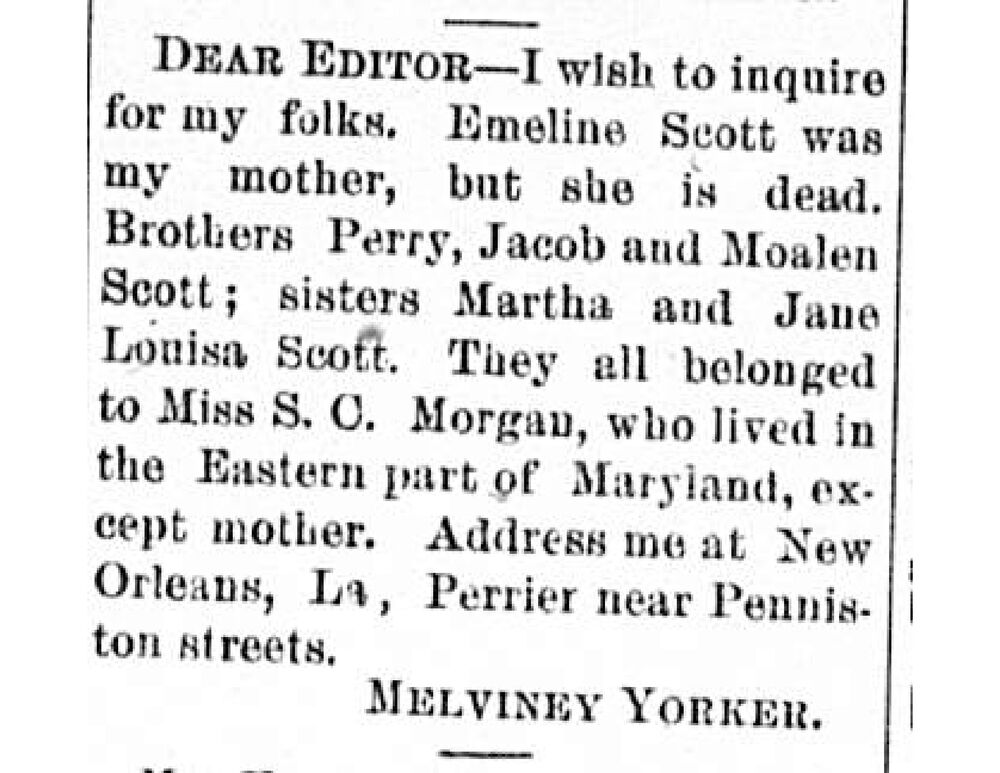 Melviney Yorker searching for her siblings Perry, Jacob, Moalen, Martha, and Jane Louisa Scott