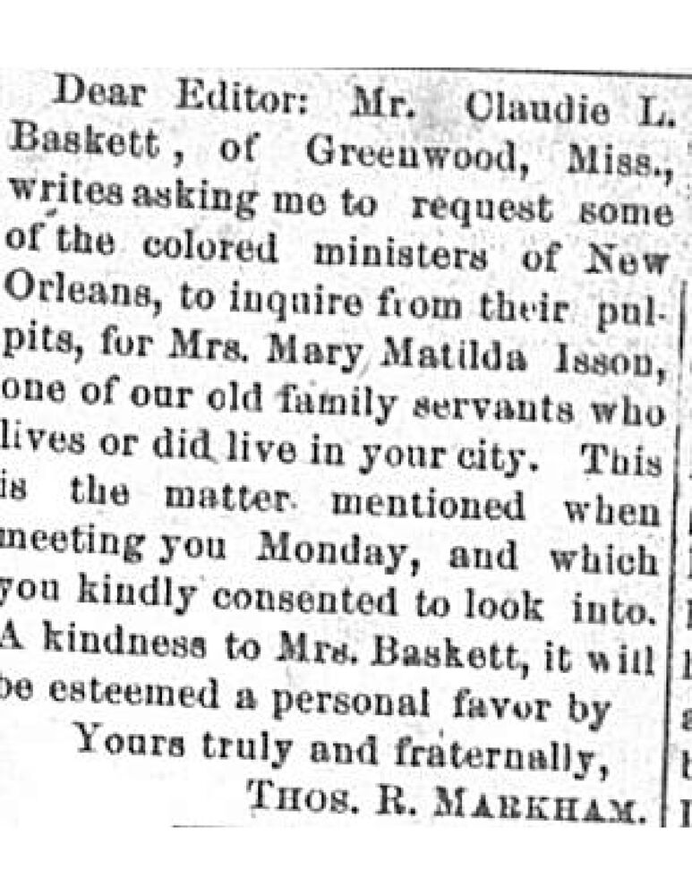 Mrs. Claudie L. Baskett searching for Mrs. Mary Matilda Isson