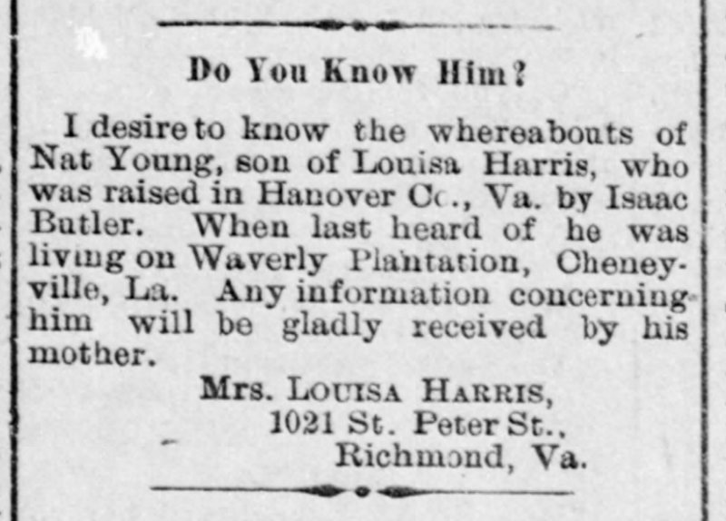 Mrs. Louisa Harris searching for her son Nat Young 