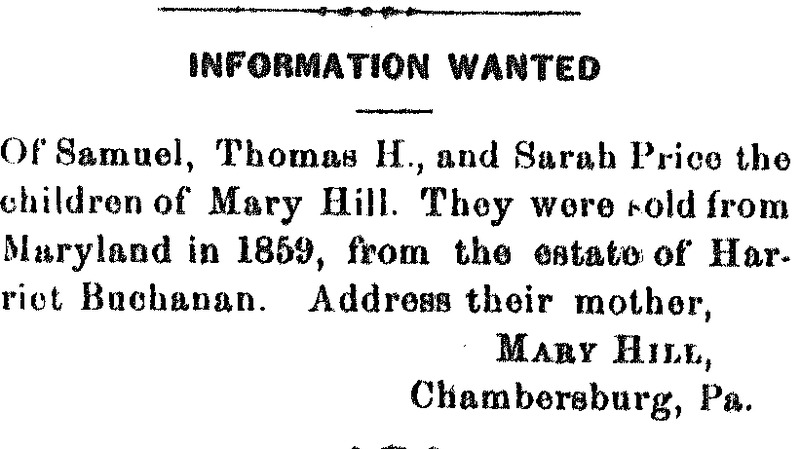 Mary Hill looking for her children Samuel, Thomas H., and Sarah Price