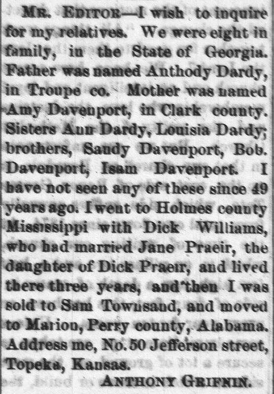 Anthony Grifnin searching for his father Anthody Dardy, mother Amy Davenport, sisters Ann and Louisa Dardy, and brothers Sandy, Bob, and Isam Davenport