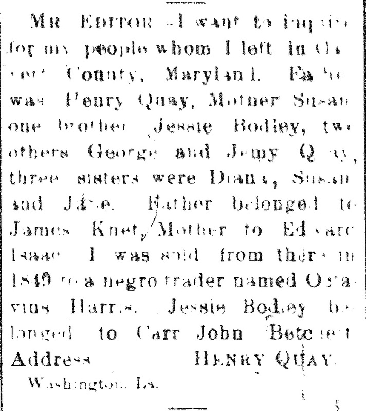 Henry Quay searching for his father Henry Quay, mother Susan and several siblings 