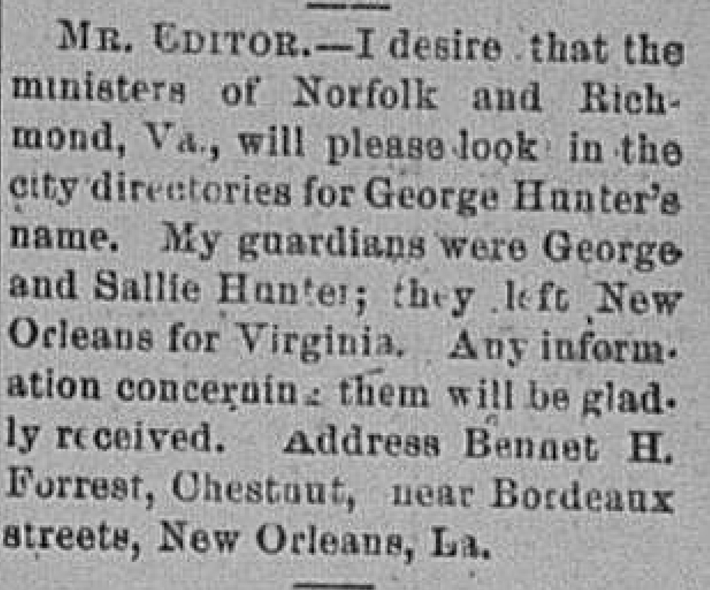 Bennet H. Forrest seeking his guardians George and Sallie Hunter