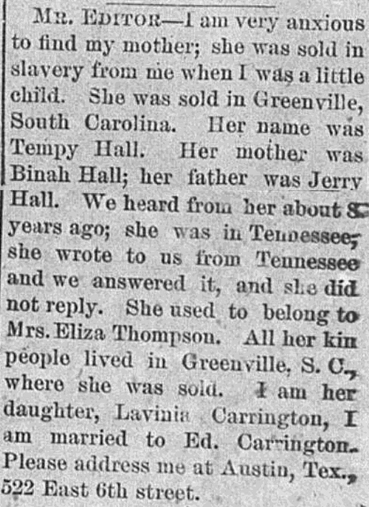 Lavinia Carrington seeking her mother Tempy Hall