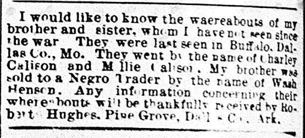 Robert Hughes seeking the whereabouts of his brother Charley Calison and sister Millie Calison