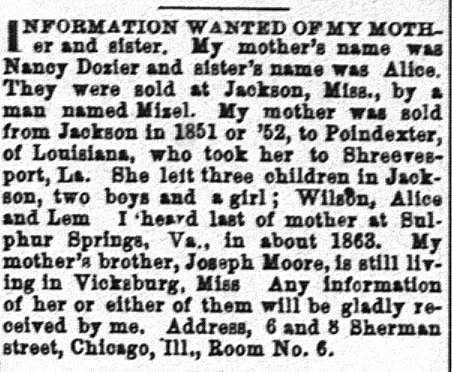 Unnamed person seeking information about their mother Nancy Dosier and sister Alice