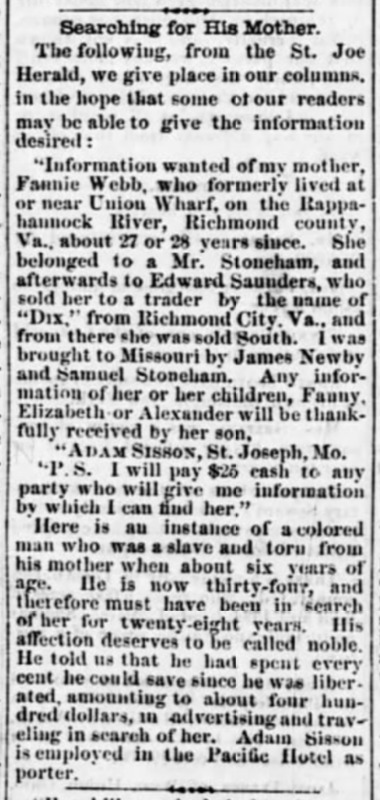 Adam Sisson (also known as Adam Webb) searching for mother Fannie Webb (2nd of 3 ads)