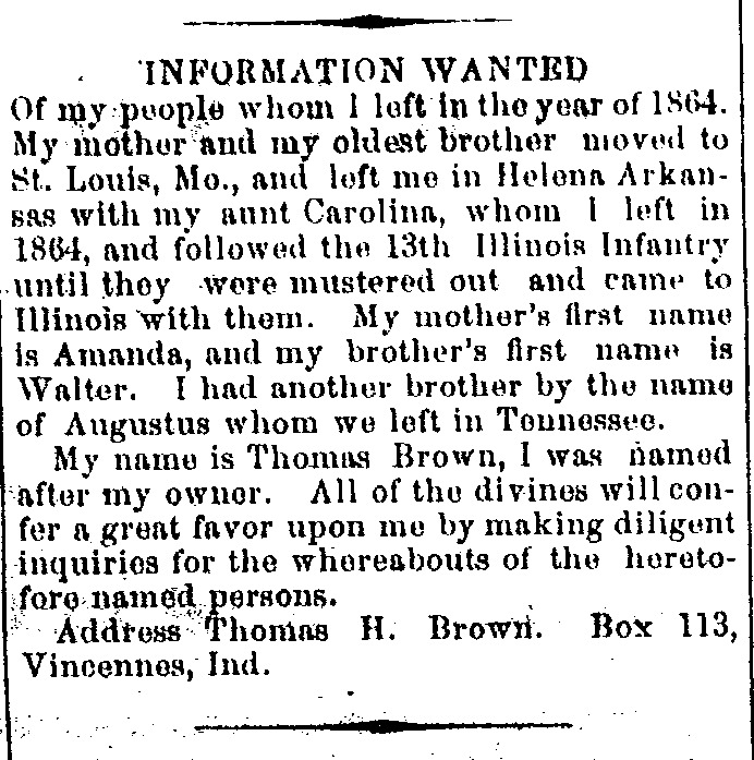 Thomas H. Brown searching for his mother Amanda and brother Walter