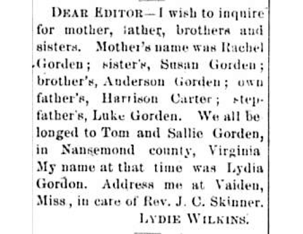 Lydia Wilkins (formerly Lydia Gordon) searching for her mother Rachel Gordon, father Harrison Carter, step-father, and siblings