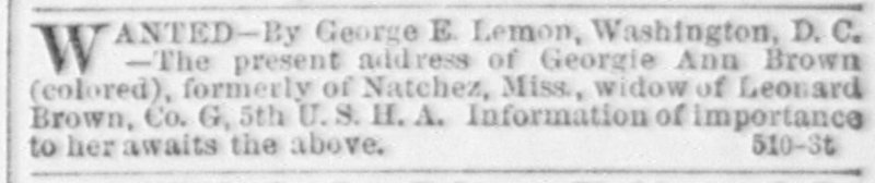 George E. Lemon, attorney, searching for Georgie Ann Brown 