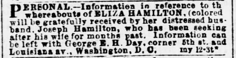 Joseph Hamilton seeking his wife Eliza Hamilton