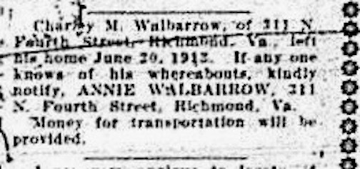 Annie Walbarrow searching for Charley M. Walbarrow