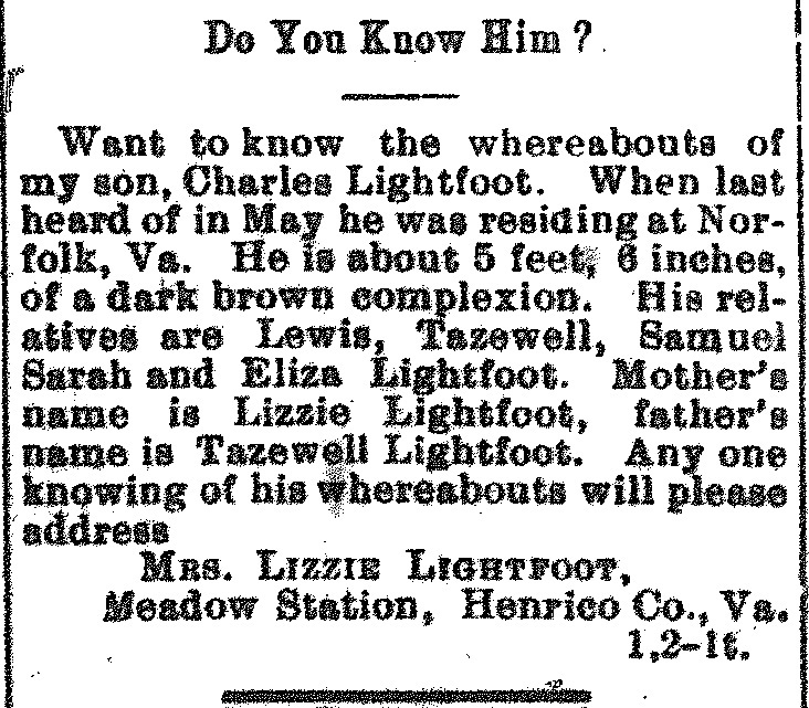 Mrs. Lizzie Lightfoot searching for her son Charles Lightfoot