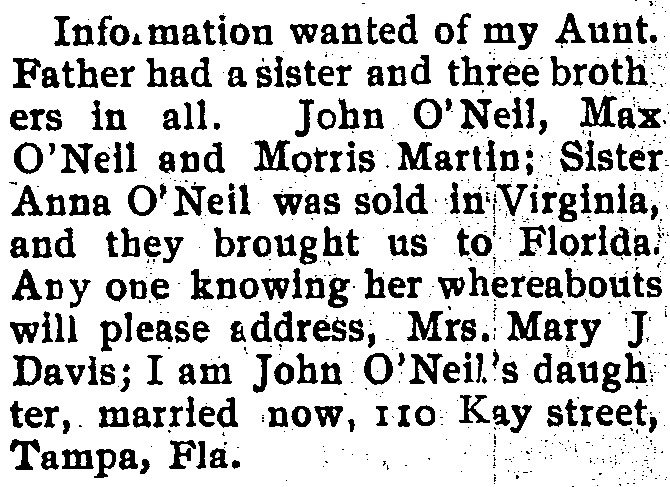 Mary J. Davis seeking information on her aunt Anna O&#039;Neil 