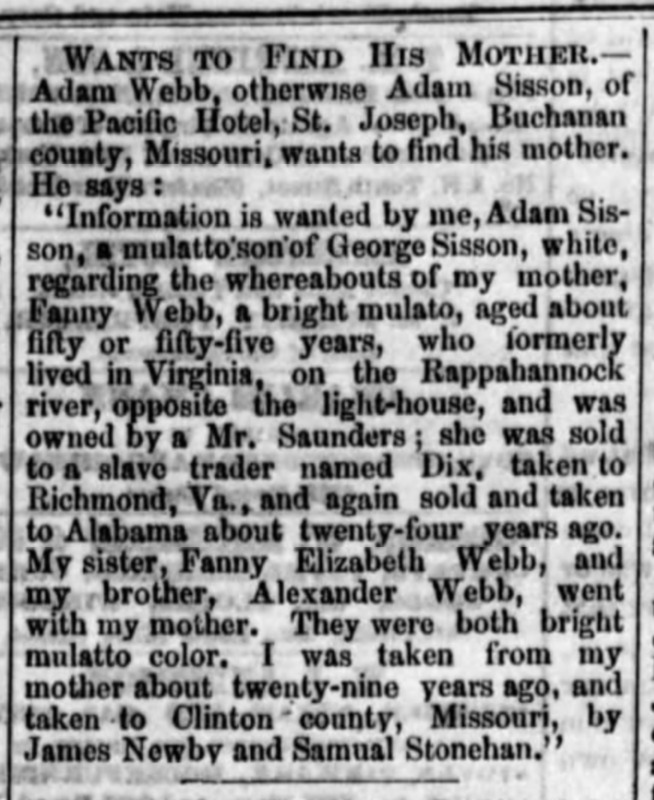 Adam Sisson (also known as Adam Webb) searching for his mother Fanny Webb (3rd of 3 ads placed)