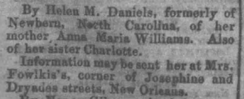 Helen M. Daniels searching for her mother Anna Maria Williams and sister Charlotte  