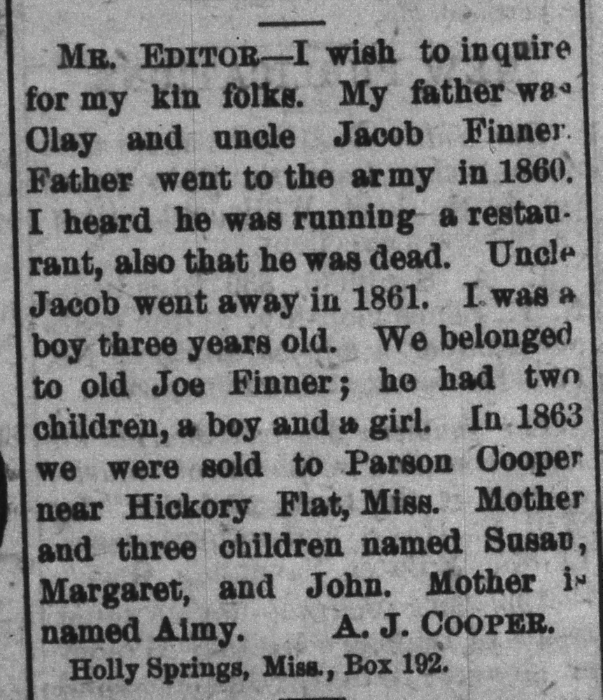 A. J. Cooper seeking his father Clay and uncle Jacob Finner