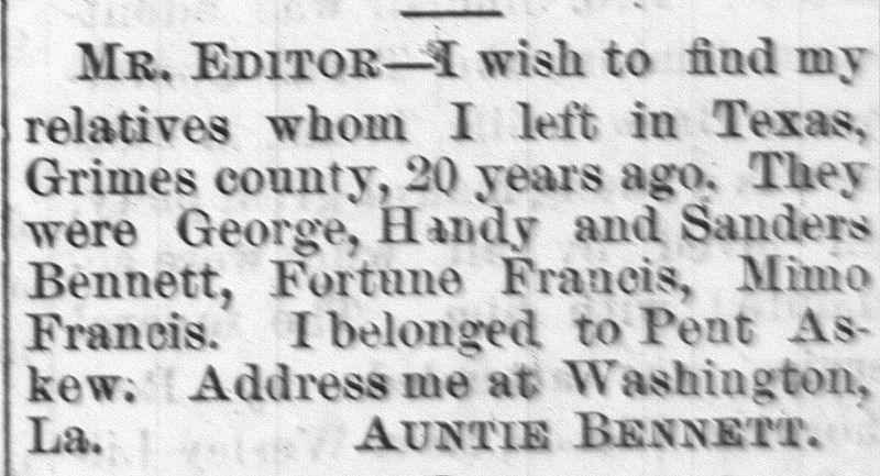 Auntie Bennett searching for her relatives George, Handy, and Sanders Bennett and Fortune and Mimo Francis