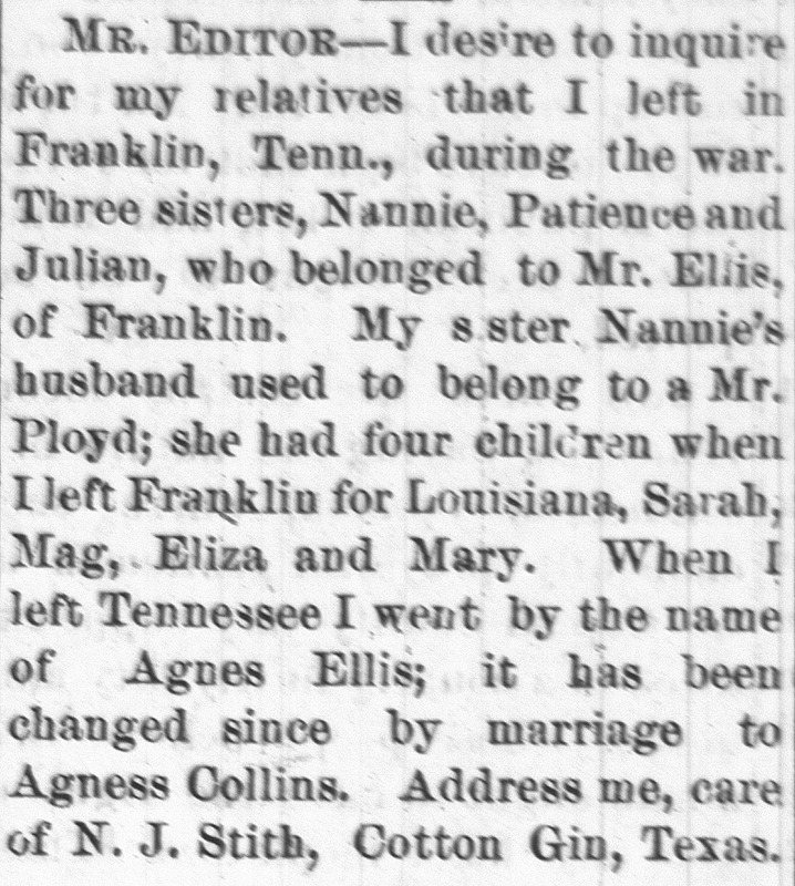 Agnes Collins searching for her three sisters Nannie, Patience, and Julian