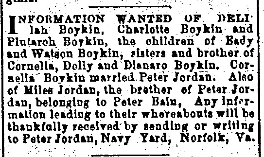 Peter Jordan looking for several members of his wife&#039;s, Cornelia Boykin, family and his own