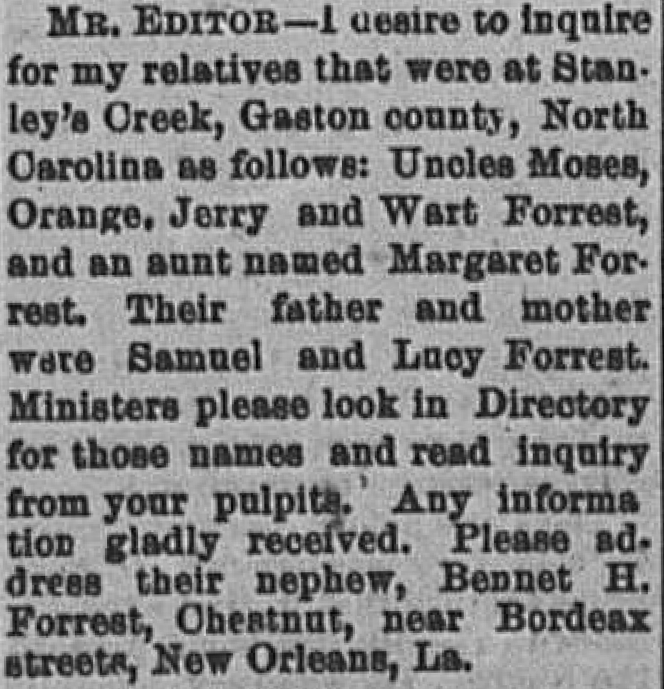 Bennet H. Forrest seeking his uncles and aunt