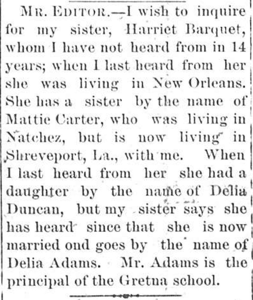 Unnamed person seeking their sister Harriet Barquet