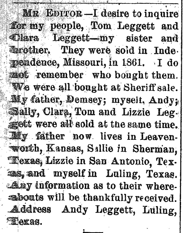 Andy Leggett seeking information of his brother Tom Leggett and sister Clara Leggett