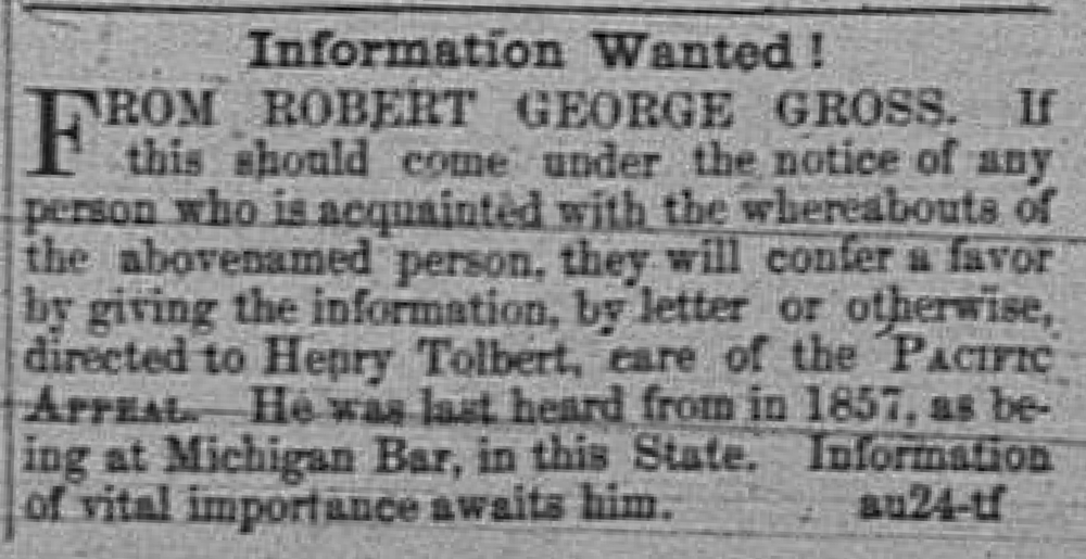 Henry Tolbert searching for Robert George Gross