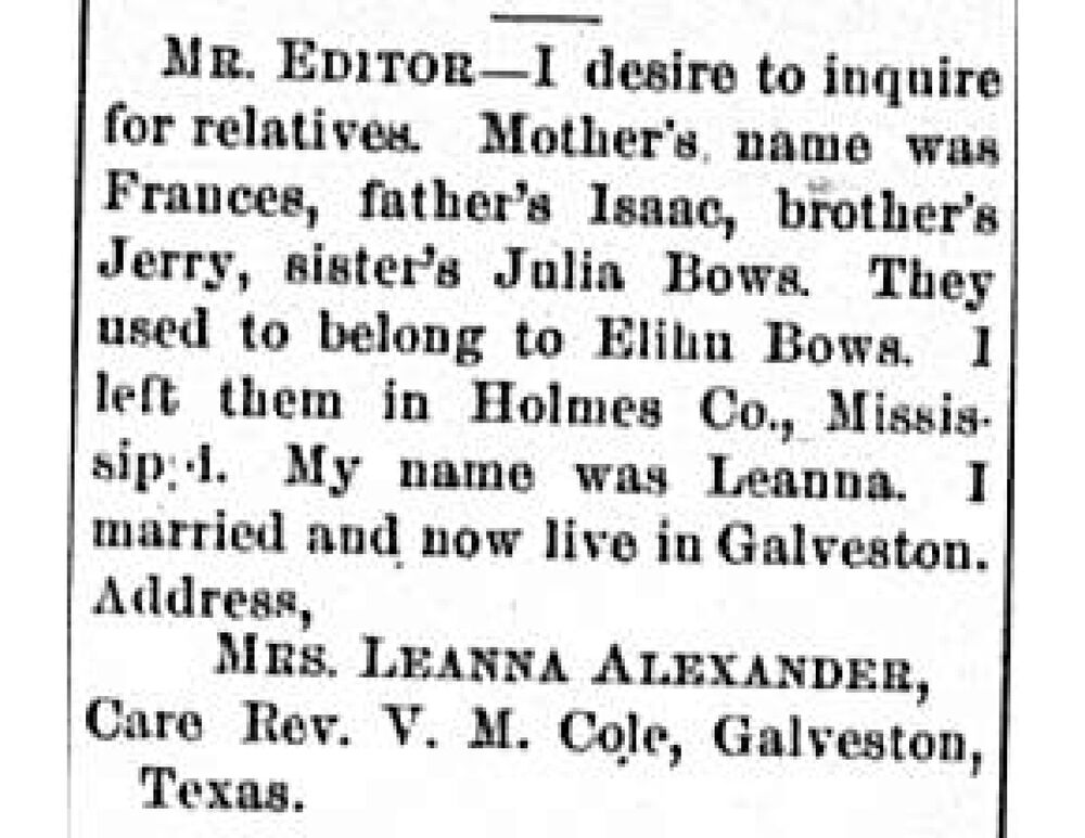 Mrs. Leanna Alexander searching for mother Frances, father Isaac, and siblings 