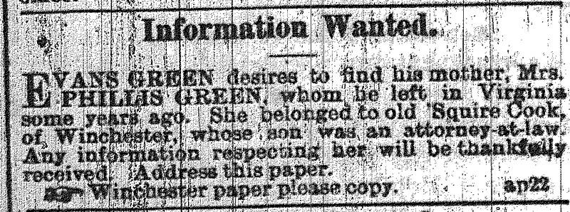 Evans Green seeking information about his mother Mrs. Phillis Green (2nd of 3 ads)