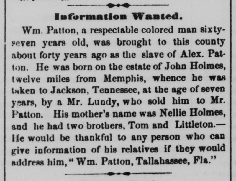 Wm. Patton searching for his mother Nellie Holmes and brothers Tom and Littleton 