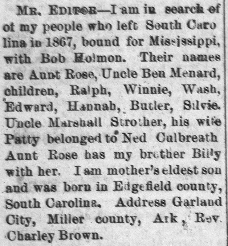 Rev. Charley Brown searching for his aunt Rose, uncle Ben Menard, and their children, and Uncle Marshall Strother and his wife Patty