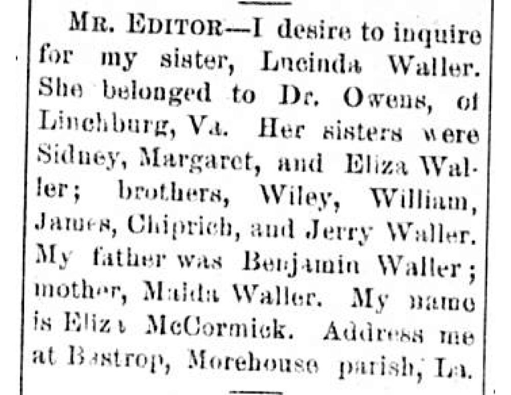 Eliza McCormick searching for her sister Lucinda Waller 