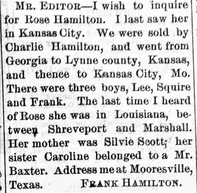 Frank Hamilton seeking Rose Hamilton