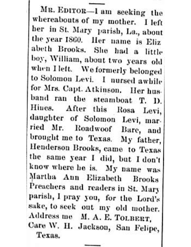 M. A. E. Tolbert (formerly Martha Ann Elizabeth Brooks) searching for her mother Elizabeth Brooks