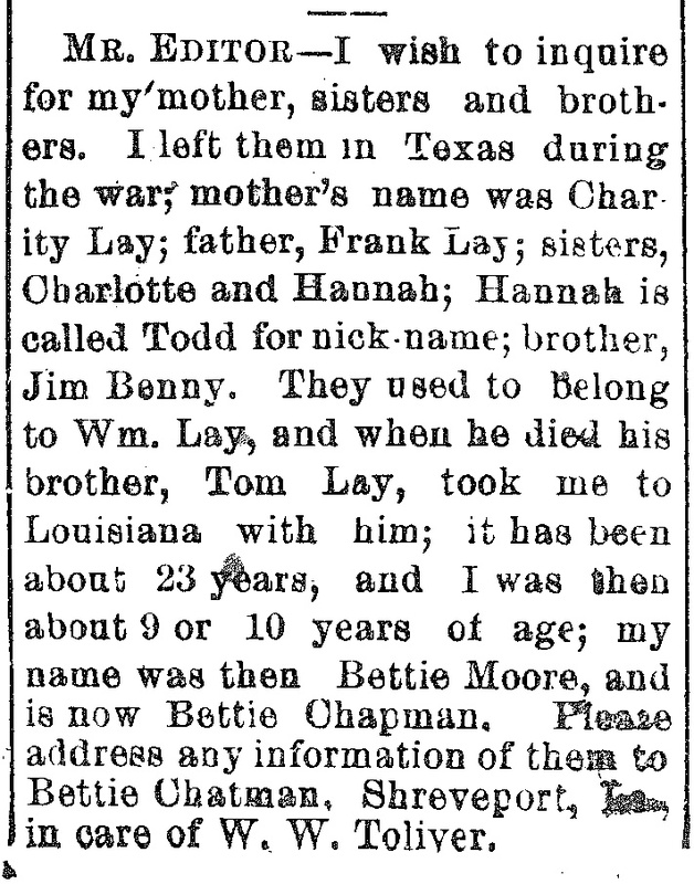 Bettie Chatman (formerly Bettie Moore) searching for her mother Charity Lay and siblings Charlotte, Hannah, and Jim Benny