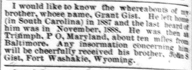 John S. Gist seeking his brother Grant Gist