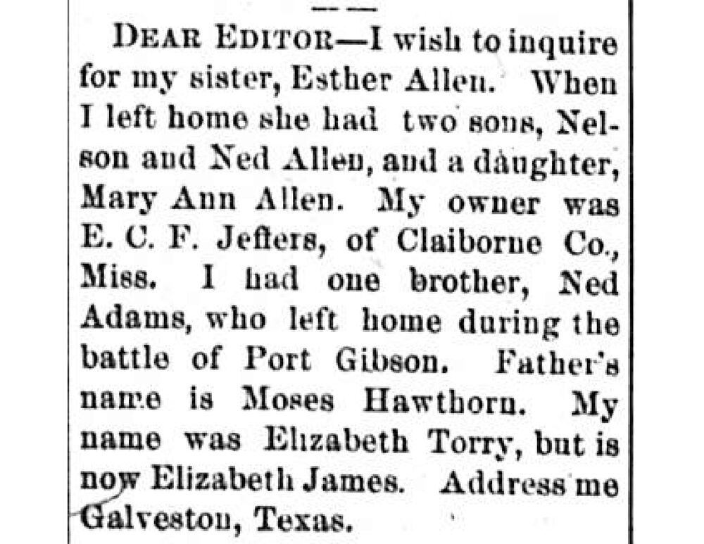 Elizabeth James (formerly Elizabeth Torry) searching for her sister Esther Allen 