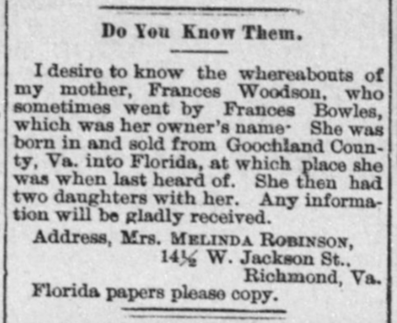 Melinda Robinson searching for her mother Frances Woodson (Frances Bowles)