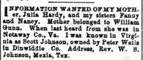 W. S. Johnson searching for his mother Julia Hardy and his sisters Nancy and Fanny