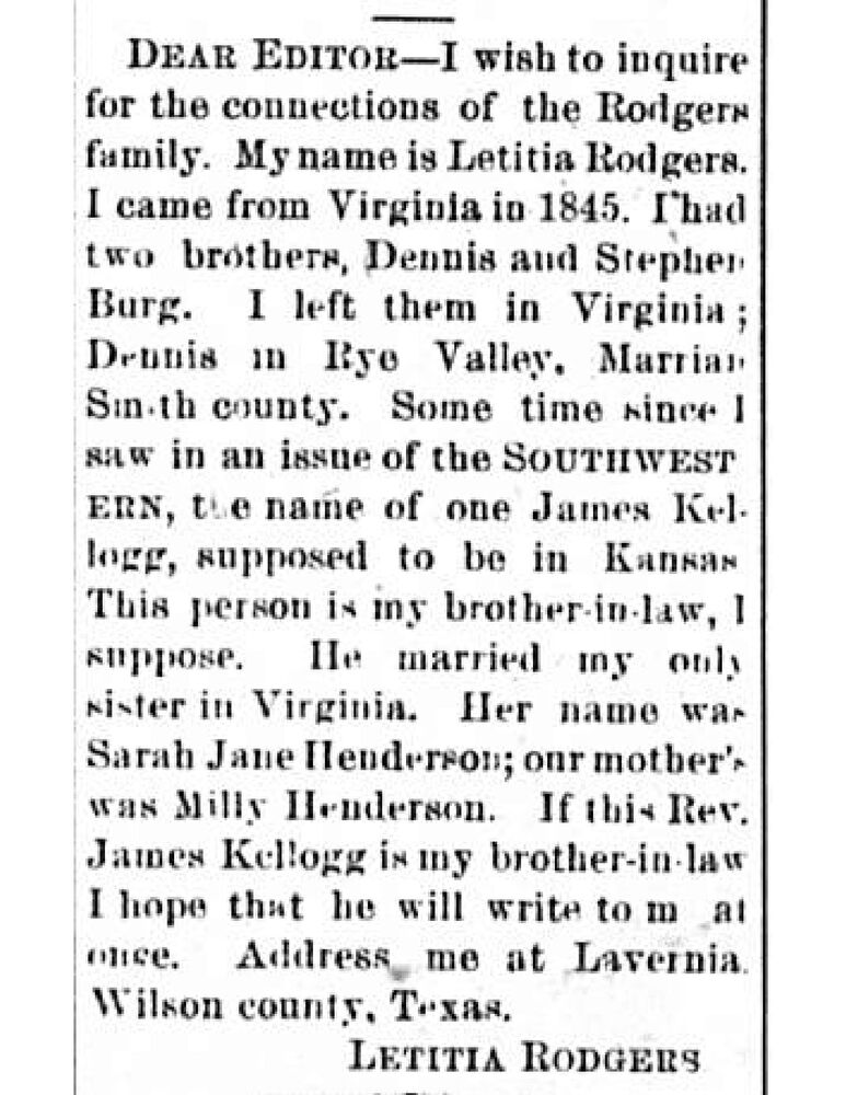 Letitia Rodgers replying to brother-in-law Rev. James Kellogg