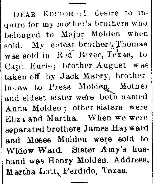 Martha Lott searching for her uncles James Hayward and Moses Molden