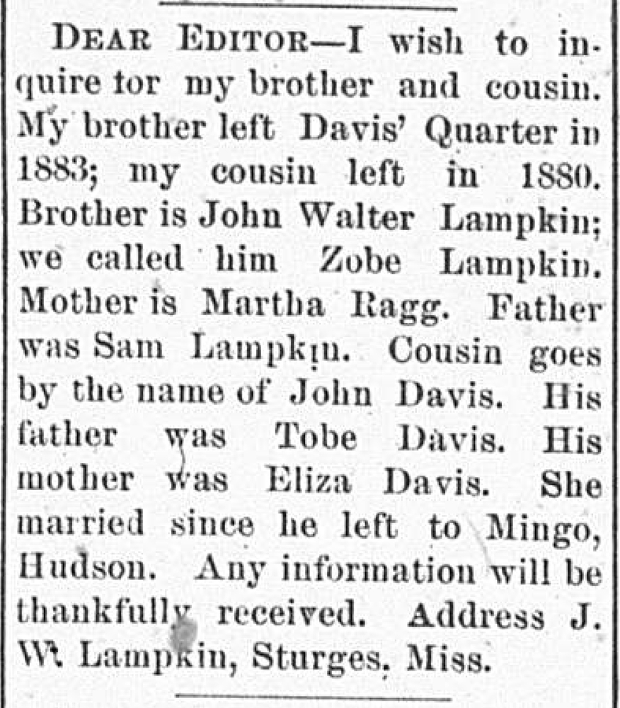 J. W. Lampkin seeking their brother and cousin