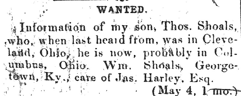 William Shoals seeking information about his son Thomas Shoals 