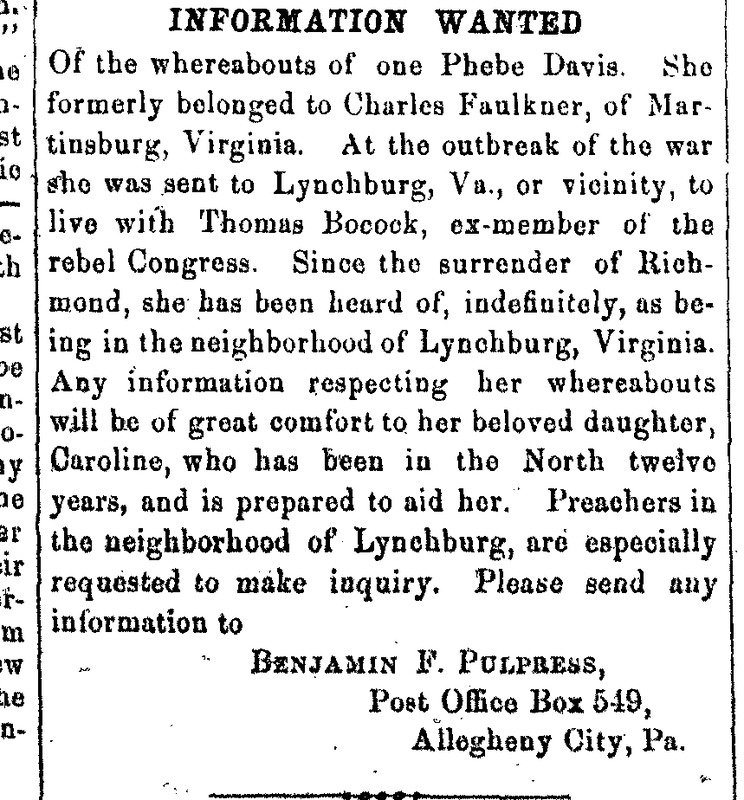 Benjamin Pulpress looking for Phoebe Davis on behalf of her daughter Caroline