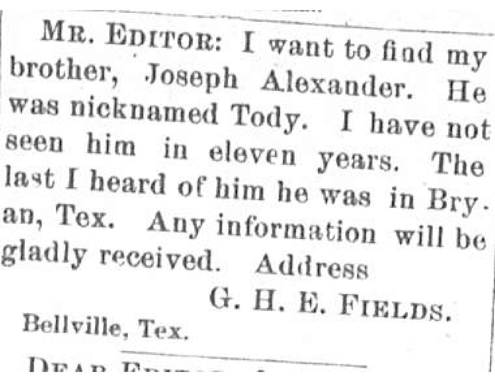 G. H. E. Fields searching for their brother Joseph Alexander 