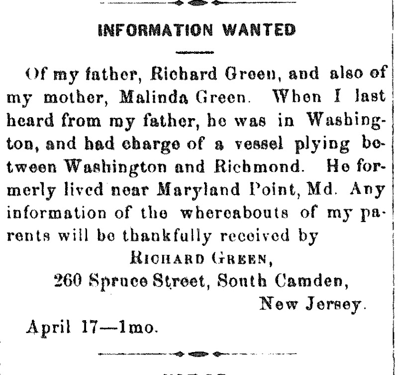 Richard Green looking for his father and mother Richard and Malinda Green 