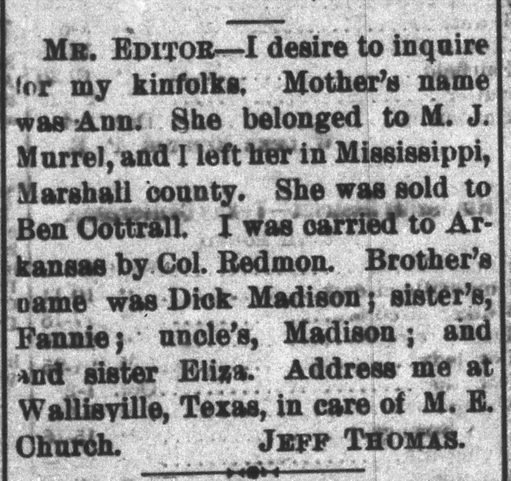 Jeff Thomas seeking his mother Ann, brother Dick Madison, sisters Fannie and Eliza, and uncle Madison