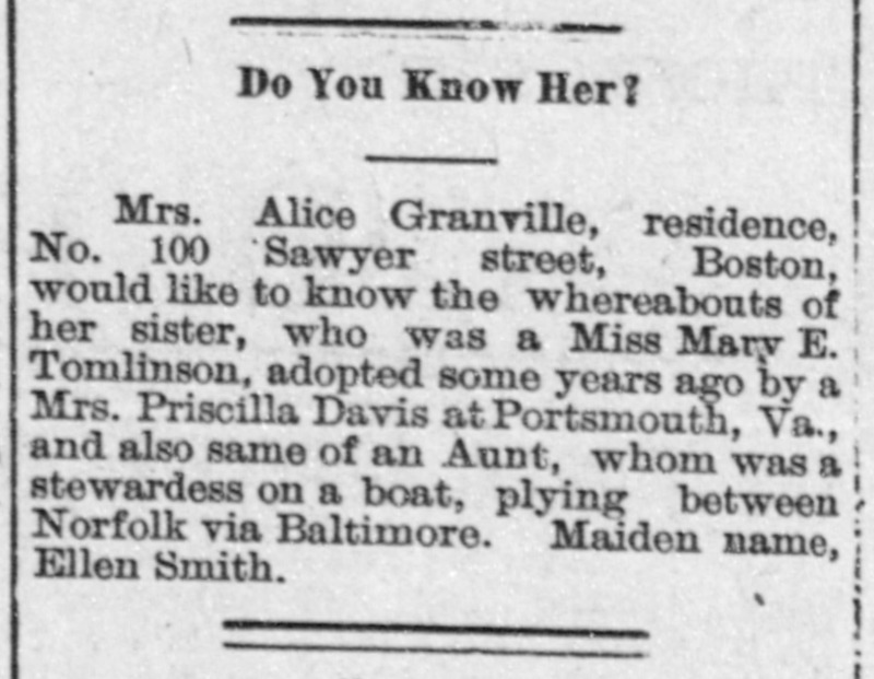 Mrs. Alice Granville searching for her sister Miss Mary E. Tomlinson and aunt Ellen Smith